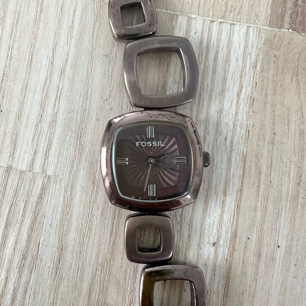 Fossil ladies bronze brown retro squares bracelet fashion watch NEW BATTERY